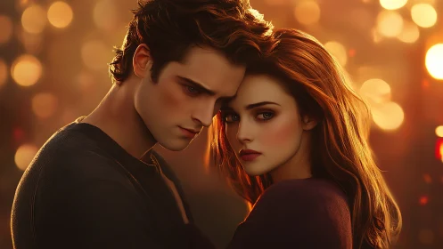 Intimate Portrait: Two Figures in Warm Amber Bokeh Lighting