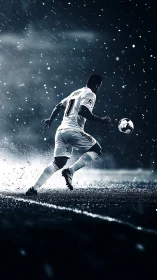 Storm-lit striker racing through rain-soaked night pitch.