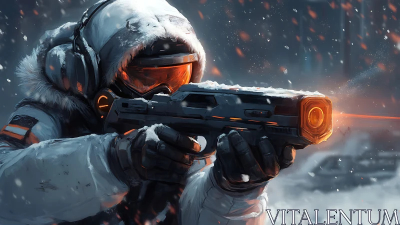 Futuristic Soldier Aims Energy Rifle in Blizzard.