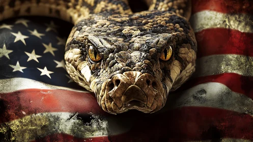 Snake head rests sharply focused over worn US flag