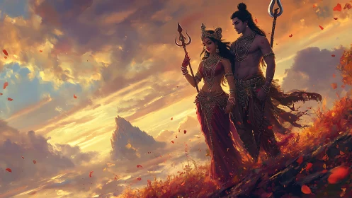 Divine couple walking through fiery dusk clouds and petals.