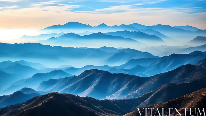Layered mountain ridges recede in atmospheric blue haze