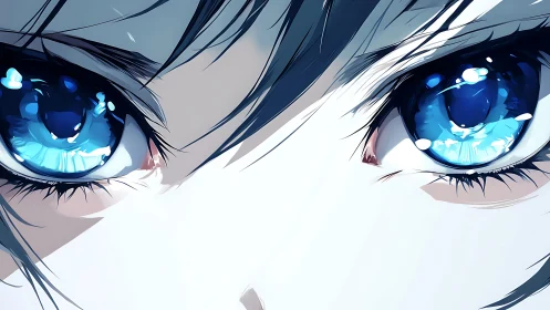 Vivid anime eyes with intense blue reflective highlights.
