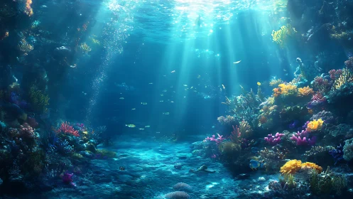 Sunlit coral kingdom shimmers beneath a sapphire ocean veil.