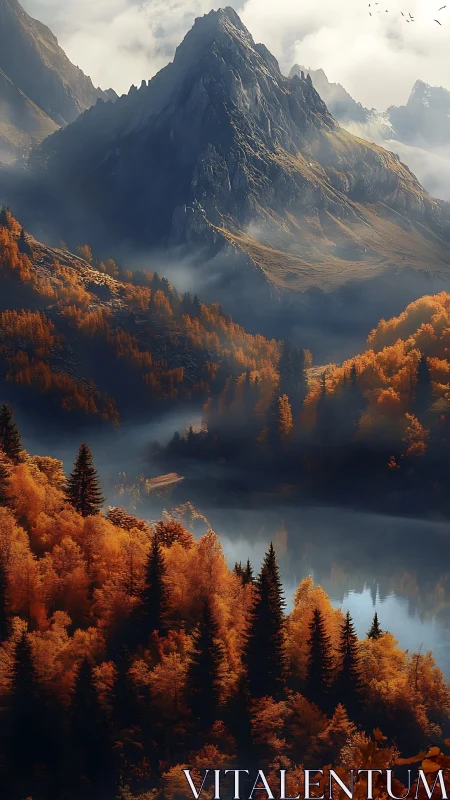 Vertical alpine valley in autumn haze with reflective mountain lake