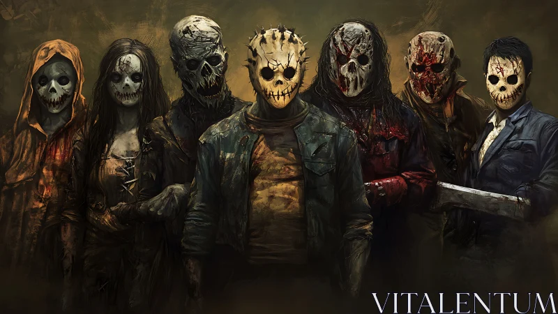 Masked killers stand in formation wearing distressed clothing