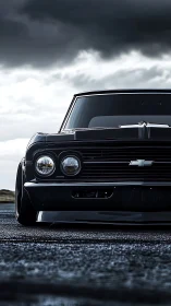 Front view shows low-angle classic Chevrolet under clouds