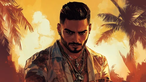 Brooding tropical antihero under blazing sunset light.