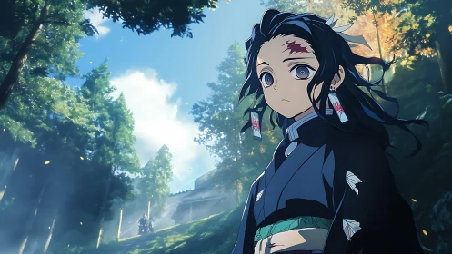 Anime swordsman in sunlit forest path with shrine backdrop.