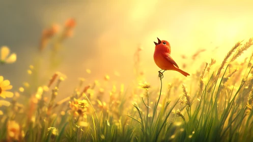 Bright songbird sings joyfully in a sunlit golden meadow