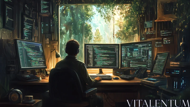 Solitary programmer monitors multi-screen workstation in forest studio