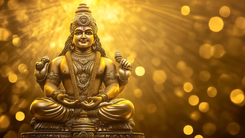 Golden Hindu deity statue in glowing bokeh light field.
