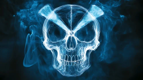 Glowing cyan smoke skull with crossed translucent crystal bars.