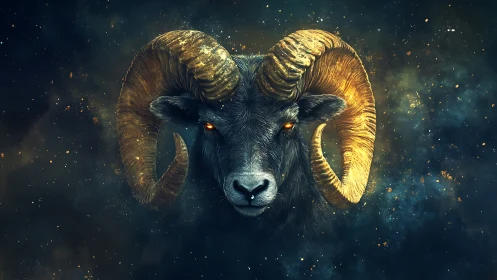 Celestial ram portrait with luminous horns and nebular particle field