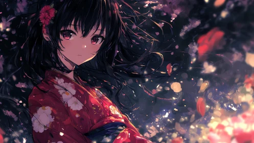 Kimono girl under night blossoms in glowing anime dusk.