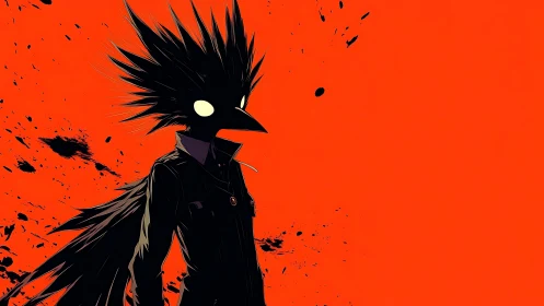 Crow-headed humanoid silhouette on vivid orange minimal field