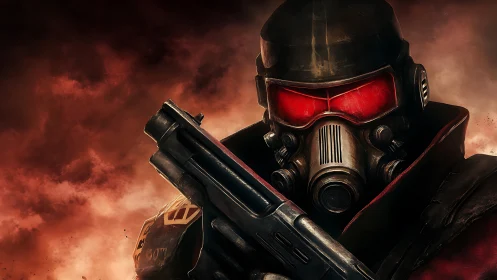 Armored wasteland soldier aims shotgun under burning sky.