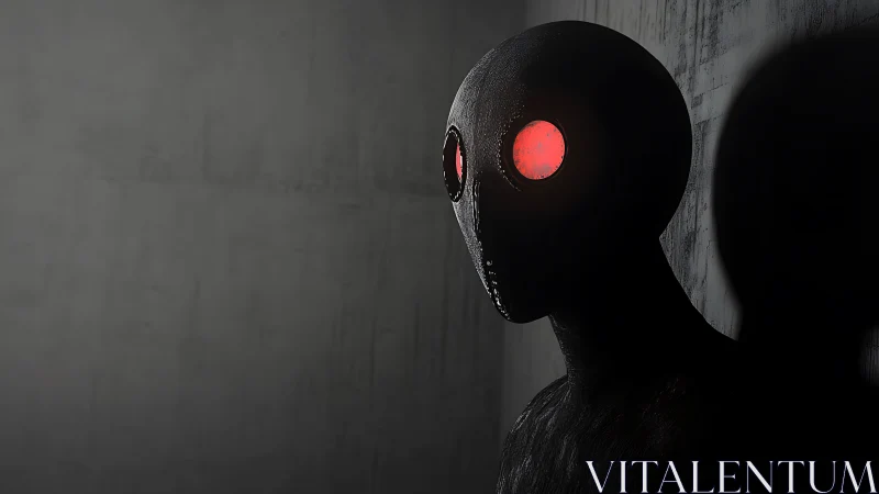 Midnight corridor watcher with burning red gaze stands still.