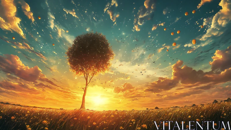 Single tree stands in glowing sunset field under vivid sky