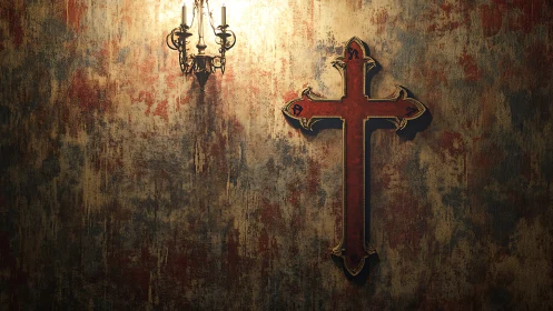 Gothic red cross on distressed wall under candlelight.