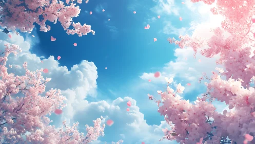 Cherry blossoms drift softly beneath a radiant spring sky