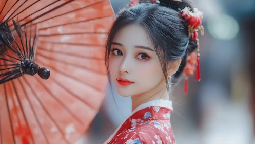 Young woman in floral kimono holding red paper umbrella.