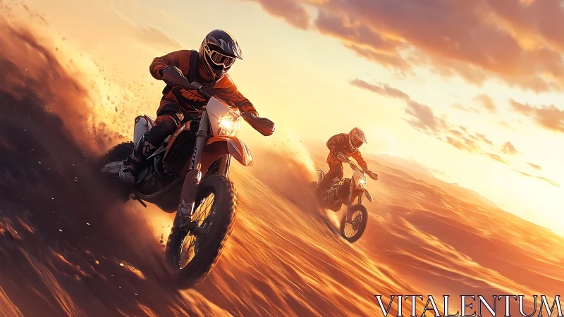 Desert dusk riders carving firelit trails through molten sand.