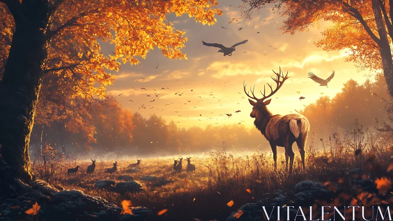 Majestic stag overlooks misty autumn forest clearing at dawn