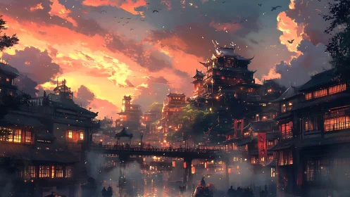 Sunset bathes a fantastical riverside city in glowing lantern light