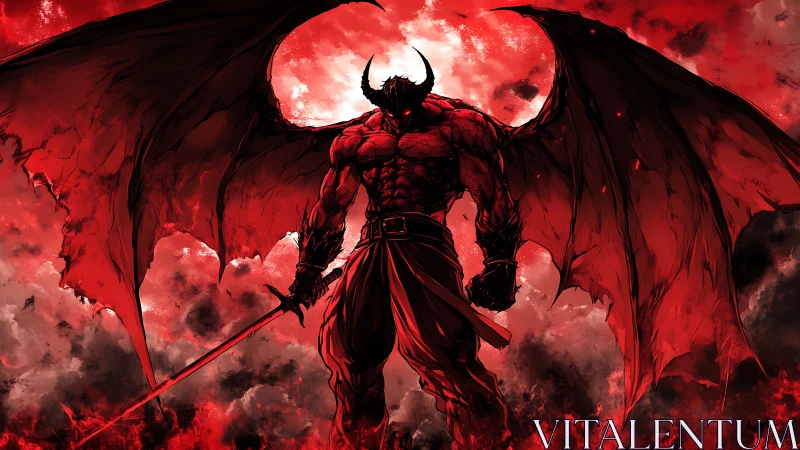 Winged demon lord stands before a blood-red moon.