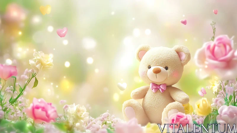 Plush teddy bear sits among glowing pastel spring flowers