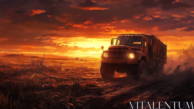 Dusty truck chasing the last light of a burning sunset.