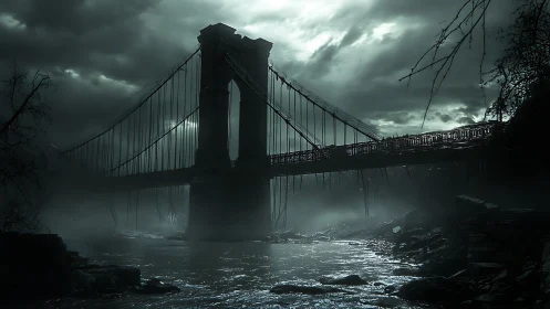 Storm-lashed suspension bridge looms above a misty dark river