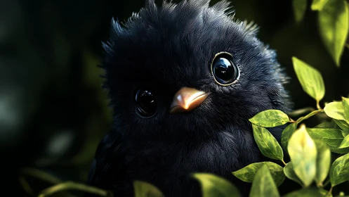 Adorable Fluffy Black Bird in Lush Foliage, Realistic Digital Art.