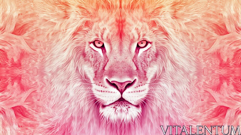 Symmetrical digital lion portrait in pink and orange tones.