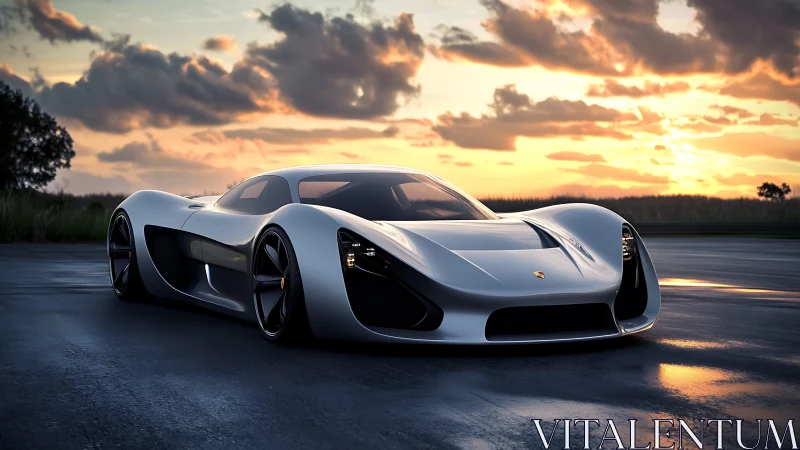 Futuristic silver hypercar on wet track at vivid sunset.