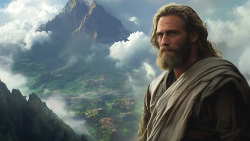 Warrior sage gazes over misty emerald mountain kingdom.