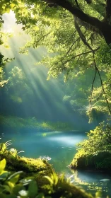 Sunlit forest pond reflects dense green foliage calmly