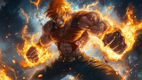 Fiery muscular warrior unleashing blazing punch power.