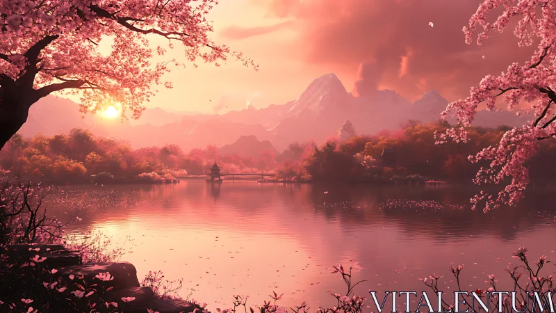 Radiant alpine lake under sakura-diffused atmospheric scattering.