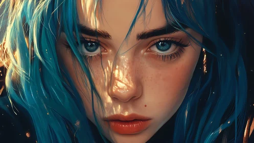 Blue-haired portrait captures intense freckled gaze in light.