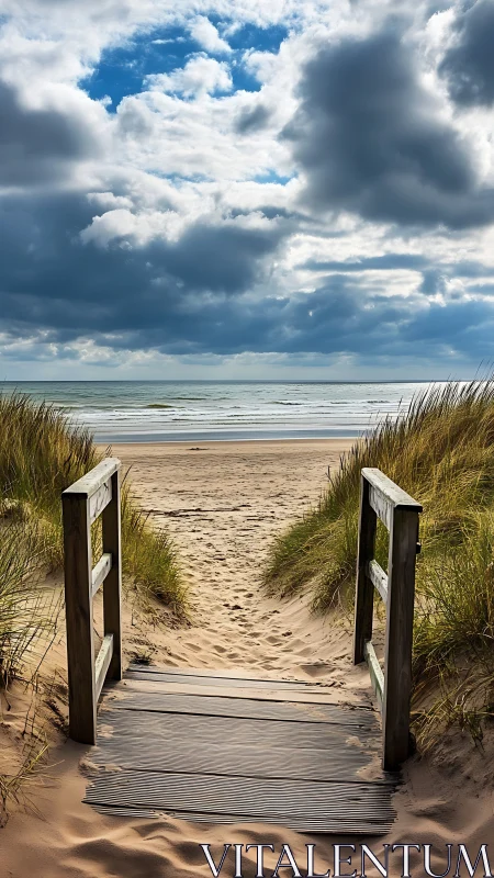 Timber dune walkway framing littoral horizon under stratocumulus.
