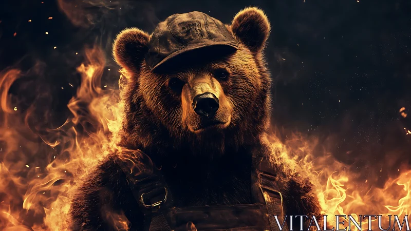 Heroic firefighter bear stands amid blazing inferno flames
