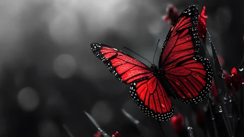 Radiant red butterfly resting softly in a quiet garden.