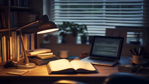 Warm desk workspace with laptop and open research book.