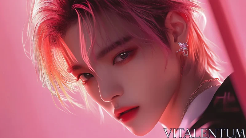 Hyperreal digital portrait of pink-lit androgynous youth profile