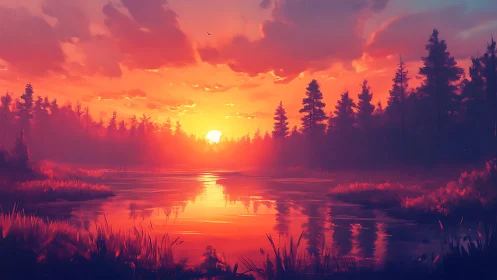 Sunset illuminates forest lake with saturated warm light