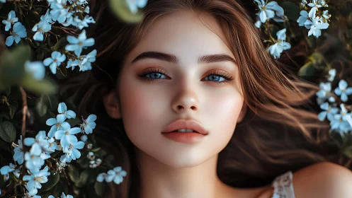 Female face amid blue flowers in close frontal view.