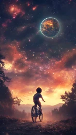 Child cyclist watches burning planet over dusk road