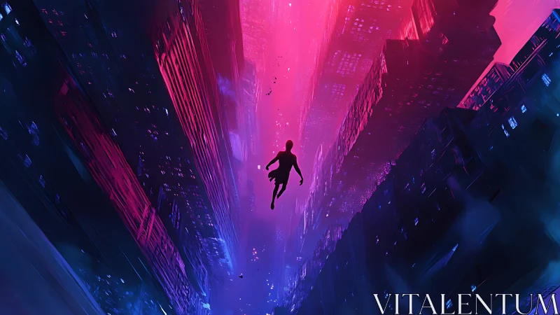 Solitary figure descends through neon canyon of abstract city